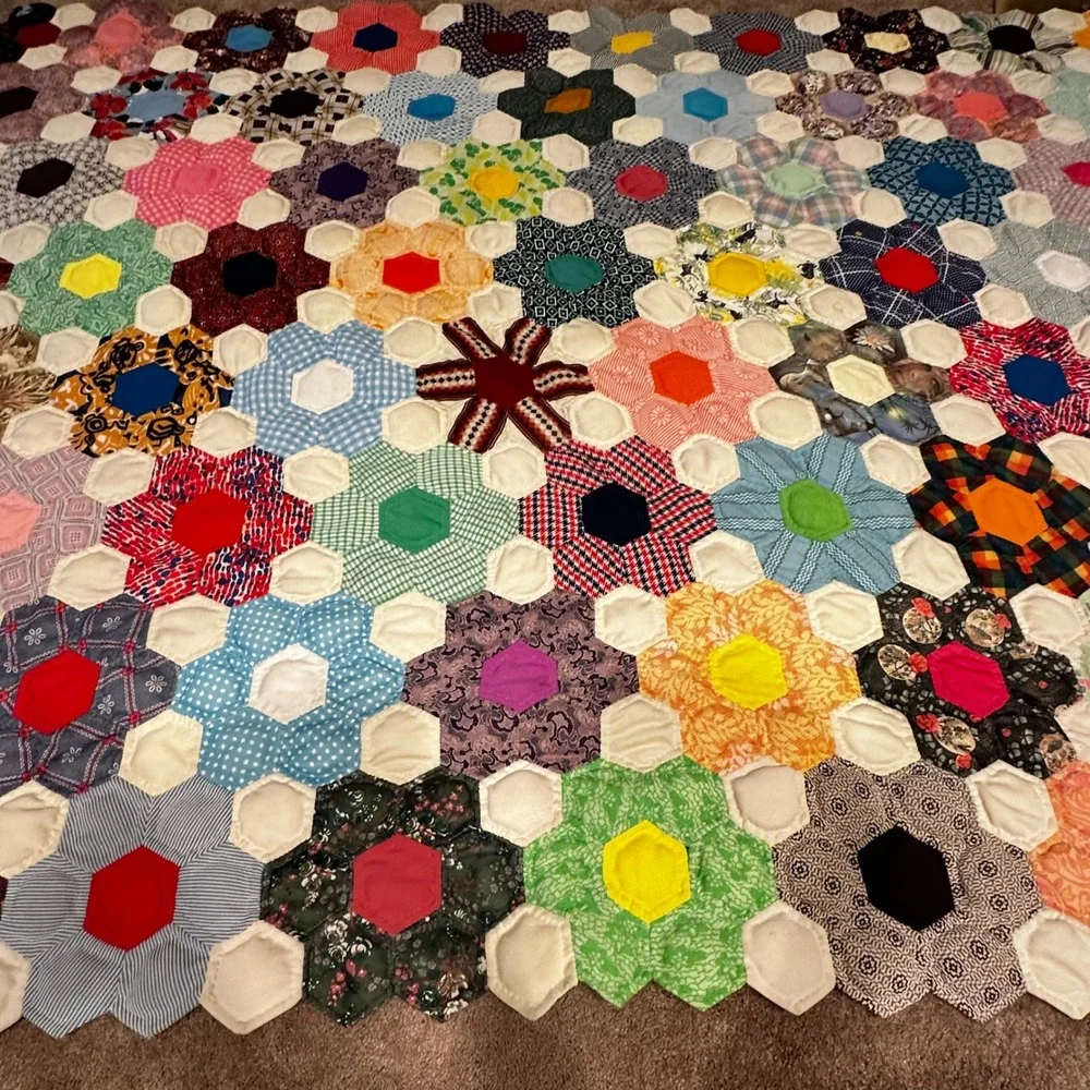 Vintage Handmade Grandmothers Flower Garden Hexagon Patchwork Quilt Multi 8x6
